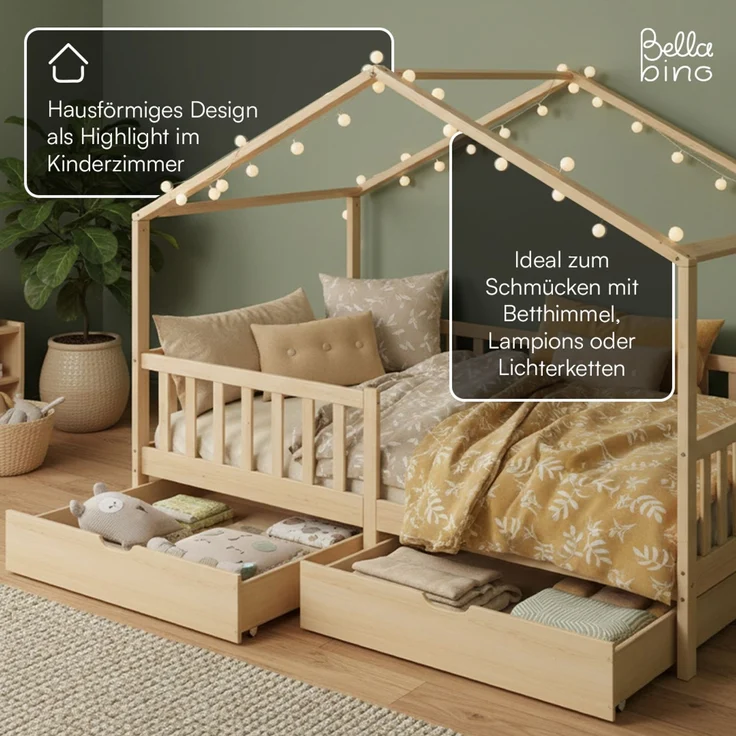 Bellabino 'Bia' Hausbett 120x200 cm mit 2 Schubladen, natur, Kiefer Massivholz, Montessori Kinderbett mit Stauraum, inkl. Rausfallschutz und Lattenrost – Bild 7