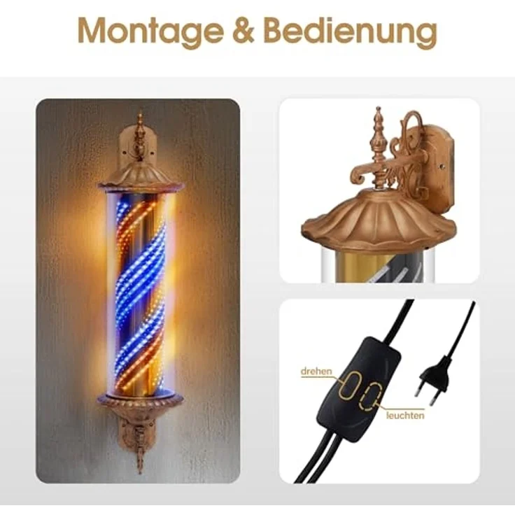 BarberPub Barber Pole Barbierstab, Friseurstange Retro Stil Licht, Drehbaren Blau Gold Weiß LED-Streifen für Barbershop, 100.5 CM Barbier Stange Licht L059BC – Bild 6