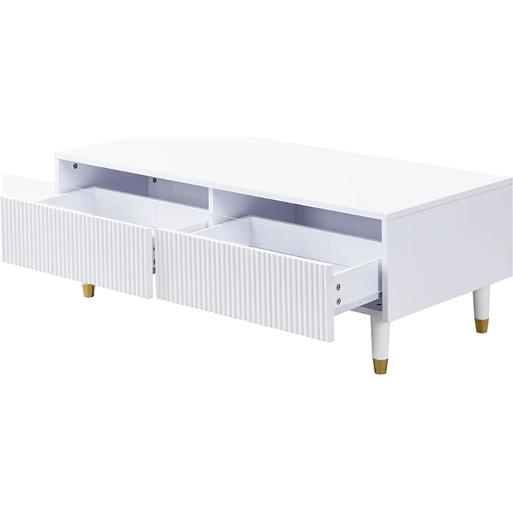 JARDJ Modernes LED-Möbelset: Viertüriger TV-Ständer und Couchtisch mit zwei Schubladen – Weiß mit Gold-Design, LED-Beleuchtung, Wellenstruktur und Acrylfronten für einen stilvollen Wohnstil – Bild 9