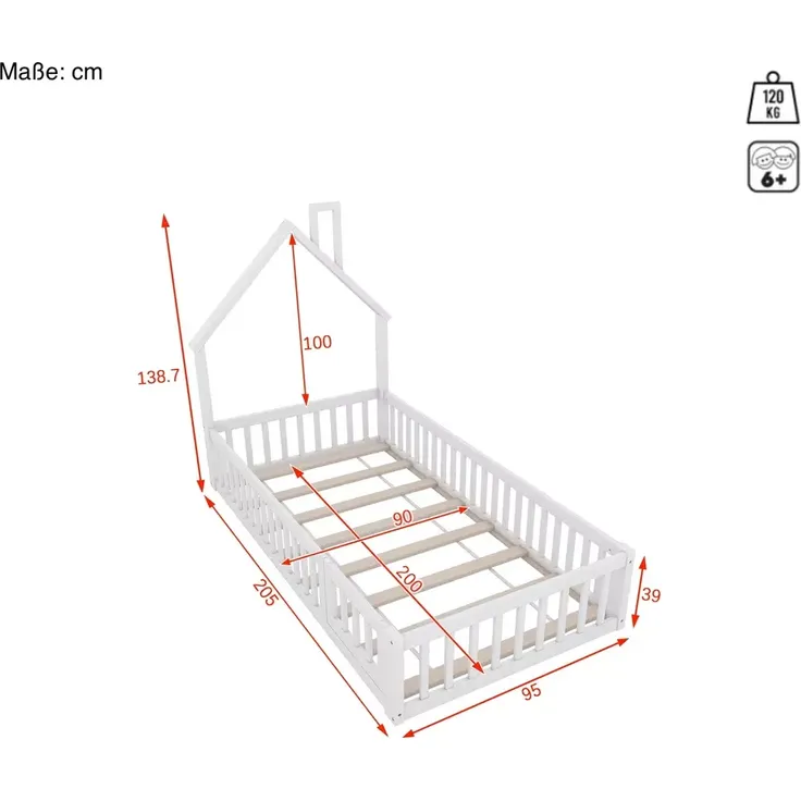 Hausbett mit Lattenrost und Rausfallschutz, 90x200 cm, Kinderbett, Jugendbett, Kiefer – Bild 4