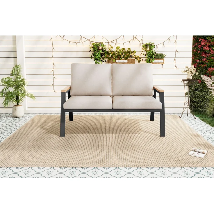 Merax Gartenmöbel-Set, Outdoorsofa, 2-Sitzer-Sofa, Handläufe aus Holz-Kunststoff-Verbundwerkstoff, Industriestil, graubeige – Bild 8