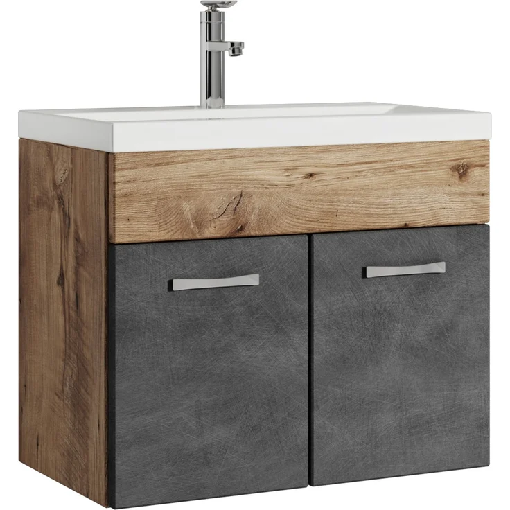 Badplaats Badmöbel Set mit Waschbecken und Unterschrank Montreal 01 60x35 cm Dunkel Grau mit Kastanien Eiche - Waschbeckenunterschrank mit Waschbecken – Bild 1