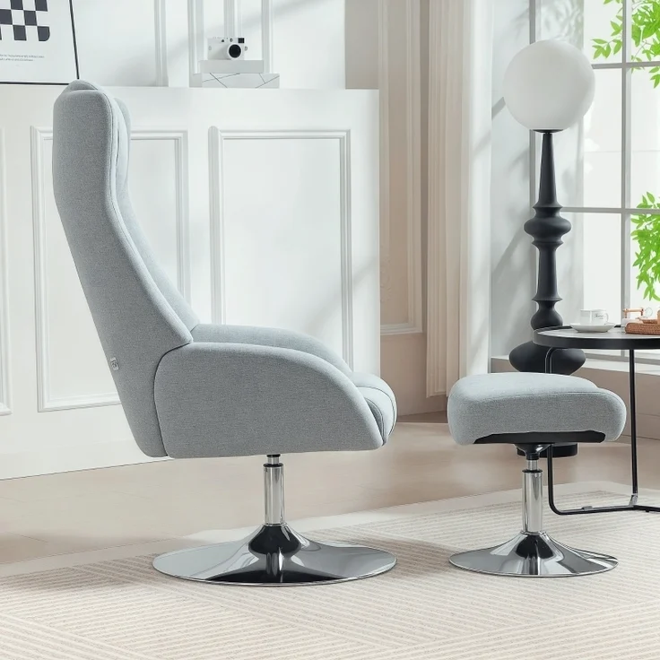 Relaxsessel Set mit Fußhocker und Kopfteil, 360° drehbarer Fernsehsessel mit Leinenstoff Bezug, elektroplattiert, 118 x 68 x 84 cm, Grau – Bild 2