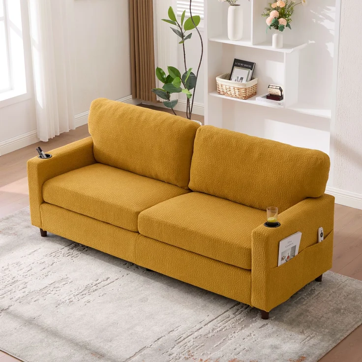 LVHOM 2-Sitzer Sofa mit USB&LED, Zweier Polstersofa Chenille Bezug, Loveseat mit Getränkehaltern, Doppelsofa Stoffsofa Loungesofa, Gelb – Bild 10