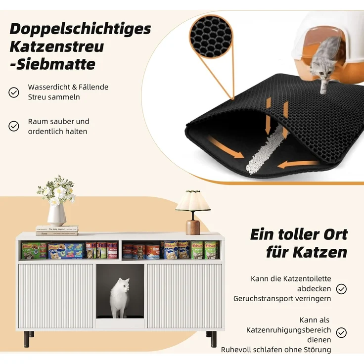 Katzentoiletten-Schrank/Katzenstreuwanne-Schrank mit Sandauffangmatte, Haustier-Schrank mit Ablage, Haustier-Sideboard/TV-Schrank, ohne Katzenstreuwanne, 120 x 50 x 66 cm, Weiß – Bild 9