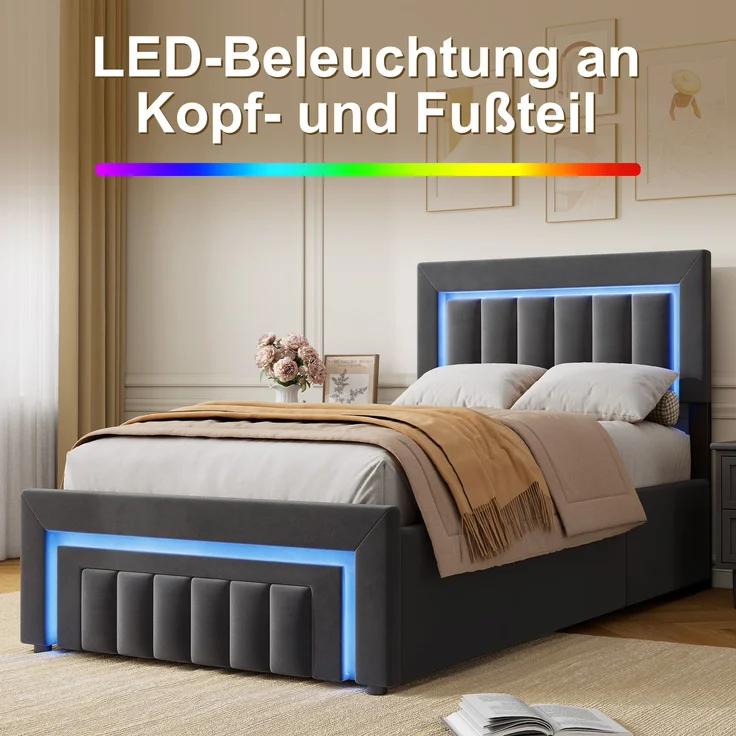 Polsterbett aus Velours mit LED, hydraulischem Stauraum & Schublade, ohne Matratze, 90x190 cm, Grau – Bild 5