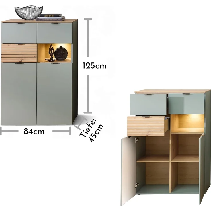 Stella Trading INA Highboard in Schilfgrün, Artisan Eiche Optik FSC-Zertifiziert - Moderner Wohnzimmerschrank mit Schubladen und LED-Beleuchtung - 84 x 125 x 45 cm (B/H/T) – Bild 4