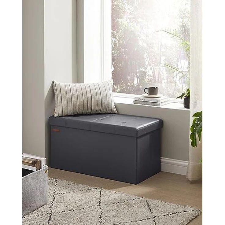 Songmics 76 cm Sitzbank mit Stauraum, Sitztruhe, Aufbewahrungsbox, Fußhocker, faltbar, gepolstert, Bezug aus Kunstleder, bis 300 kg belastbar, dunkelgrau LSF040G01 – Bild 3