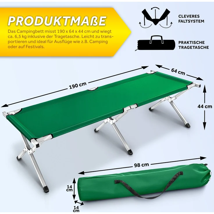 TRESKO XXL Campingbett Feldbett 190 x 64 x 44 cm Metallrohr - Belastbarkeit bis 150kg Grün – Bild 5