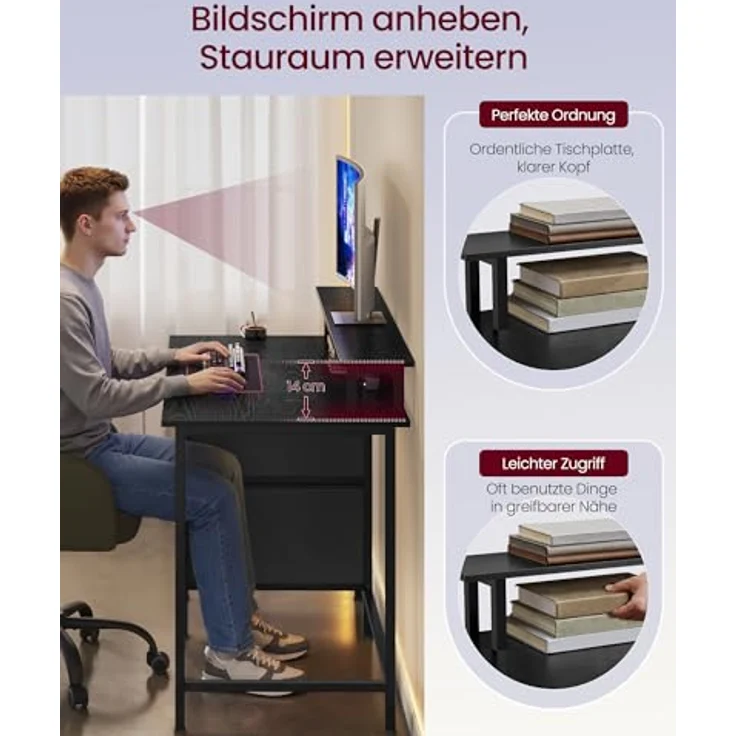 VASAGLE Gaming-Schreibtisch, mit Schubladen aus Stoff, Computertisch mit Bildschirmhalterung, Mehrfachsteckdose, 2 USB-Anschlüsse, für Heimbüro, 120x60 cm, Schwarz Holz LWD093B01V1 – Bild 6