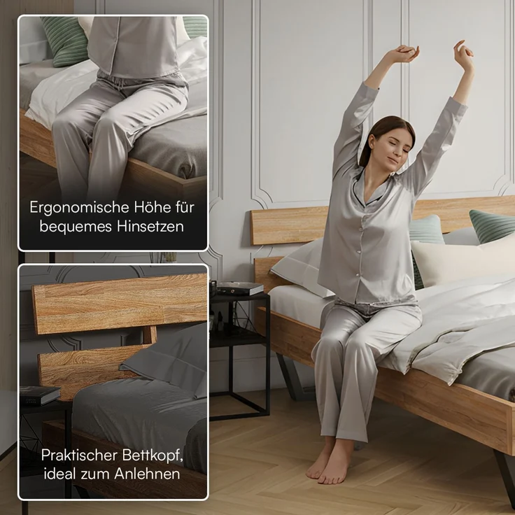 skølm 'Alver' Bett 120x200 cm, Bettgestell, natur geölt, Massivholzbett aus Eiche mit Metallkufen, Doppelbett mit Streben Bettkopf – Bild 4