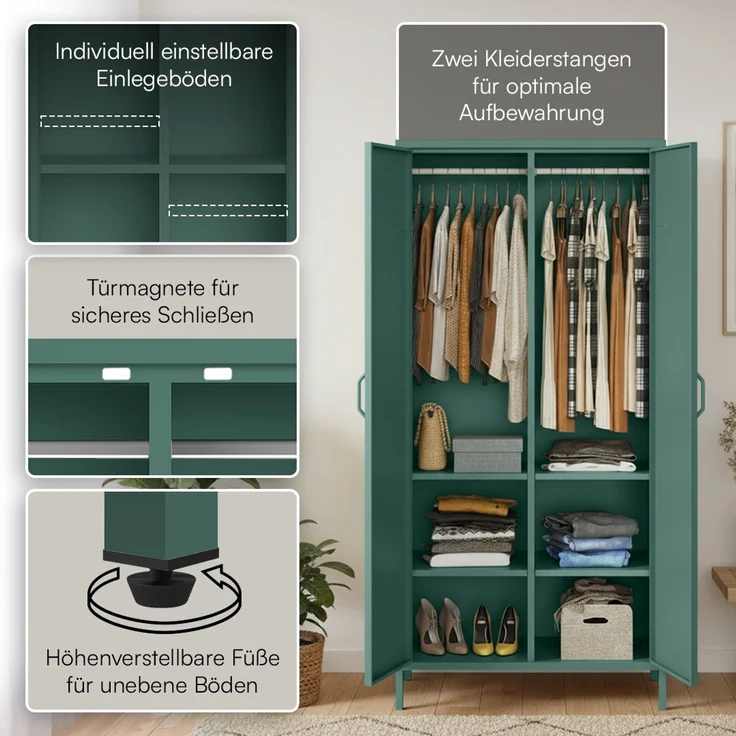 skølm 'Atria' Kleiderschrank, Metall, 170x45x80 cm, dunkelgrün, Garderobe mit 4 Fächern und 2 Kleiderstangen – Bild 3