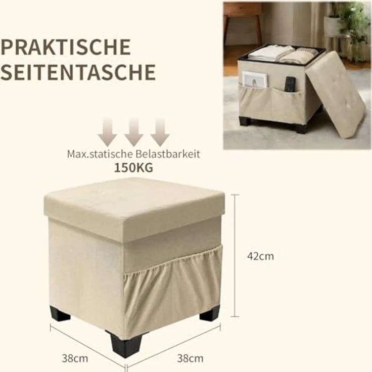 Zedelmaier Sitzhocker mit Stauraum, Hocker mit Beinen, Aufbewahrungsbox mit Deckel,Fußhocker, bis 150 kg belastbar, für Eingang, Wohnzimmer, Schlafzimmer (Beige) – Bild 3