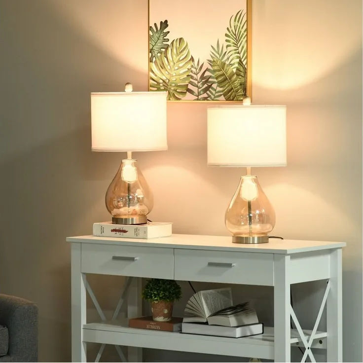 HOMCOM Tischleuchte Nachttischlampe, Ein-,Ausschalter, 1 x E27 (nicht im Lieferumfang enthalten), 2-Set Tischlampen E27 Nachttischlampe Leinen Glas Bernstein