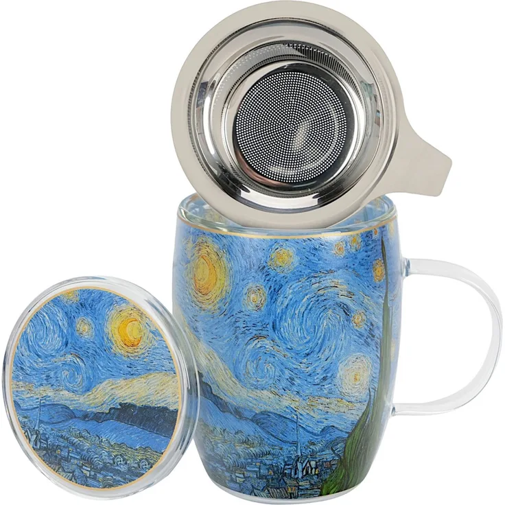 DUO ART GALLERY Glasbecher 350 ml mit Teesieb STARRY NIGHT inspired by Van Gogh, doppelwandiges Kristallglas