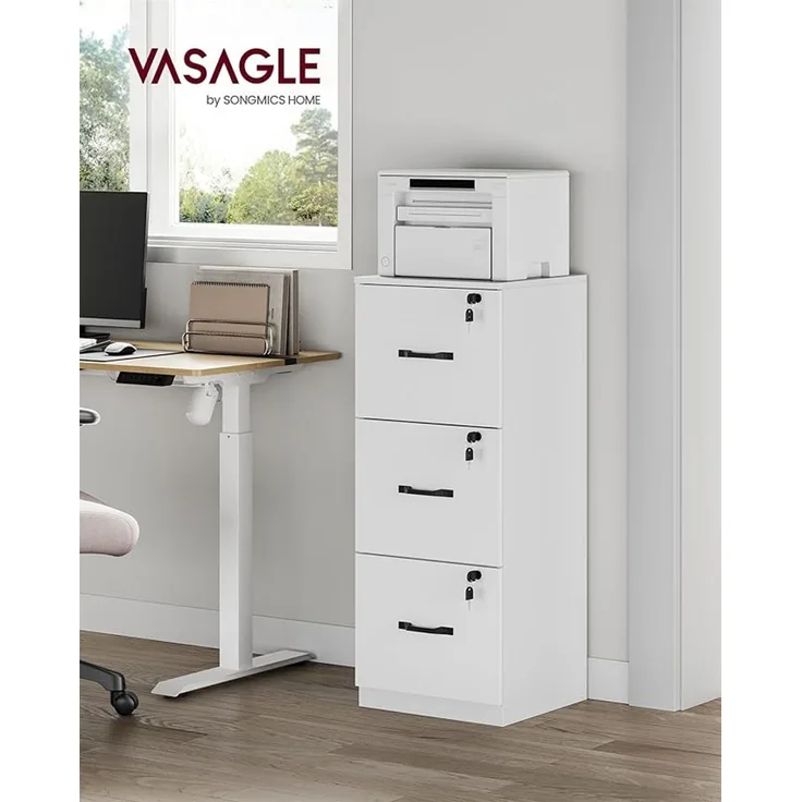 VASAGLE Aktenschrank mit 3 abschließbaren Schubladen, verstellbare Hängestange, Holzspanplatte wolkenweiß, 41 x 40 x 103 cm