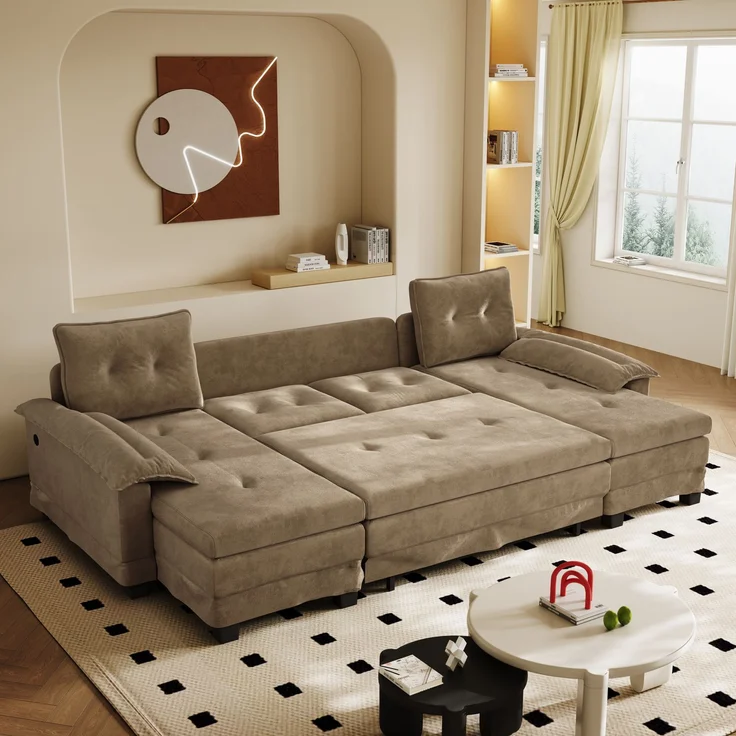 ZUBALIYA Schlafsofa 127x87 cm, mit USB - Anschluss, mit Ausziehbett, mit Chenille - Bezug, mit Samtbezug, modular aufgebaut, Weiß – Bild 5