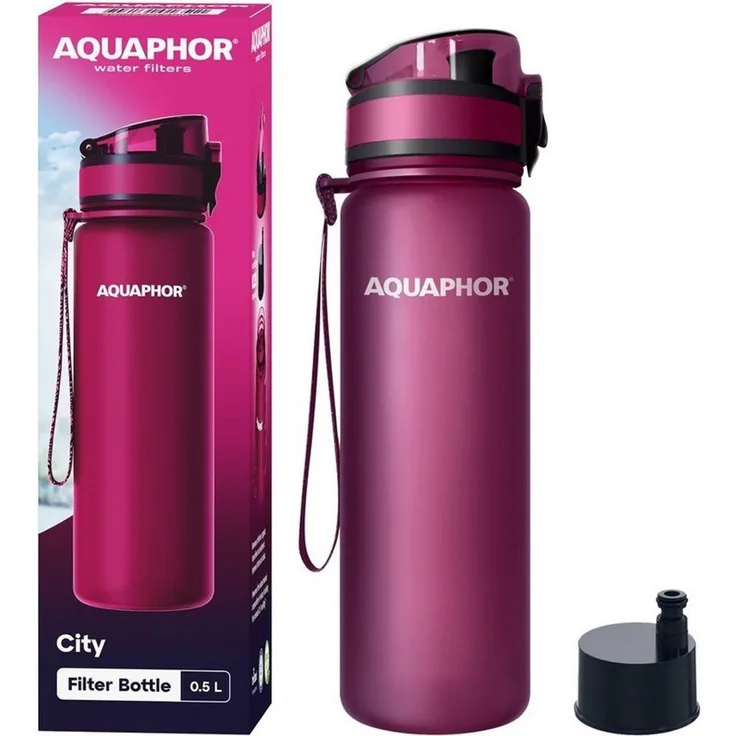AQUAPHOR Trinkflasche CITY Flasche mit Wasserfilter für unterwegs, 500ml. I, Filter mit Aktivkohle I Aus Tritan & BPA-frei I rubin