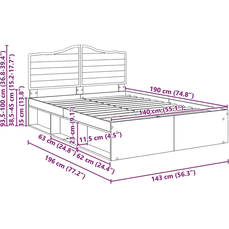 vidaXL Bettrahmen Sonoma 140 x 190 cm Massives Kiefernholz 3413310 – Bild 5