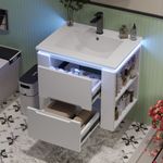 Merax Waschtisch, integriertes Waschbecken, wandhängend Badezimmerschränk, Volllackierung, LED-Radarsensor-Beleuchtung, zwei Schubladen, leise Gleitschienen, mit 2 seitliche Ablagen, weiß