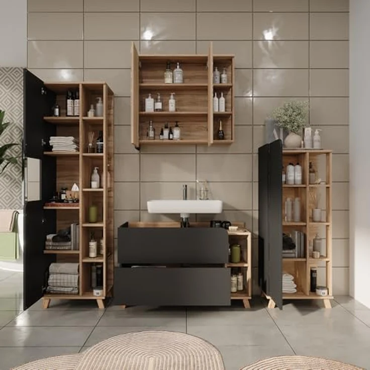 Vichy Badmöbel-Set Karen, Sonoma/Anthrazit, 4-teilig mit Waschbeckenunterschrank und Spiegelschrank, robust und für Selbstmontage geeignet – Bild 7