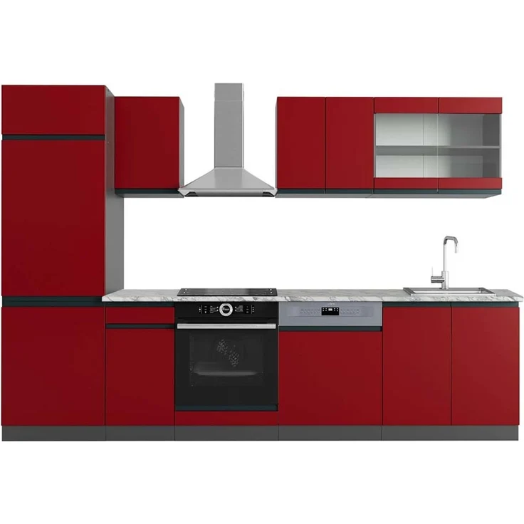Küchenzeile R-Line Rot/Anthrazit 300 cm J-Shape, AP Marmor Vicco – Bild 1