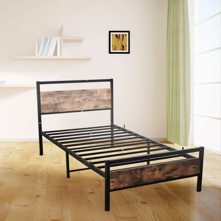 Doppelbett aus Stahl mit MDF-Kopfteil, ohne Matratze, 140x200 cm, Braun/Walnuss – Bild 9