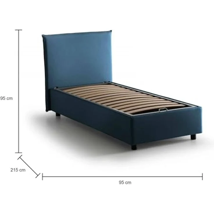 Talamo Italia - Cassiopea-Einzelbett, Bettkasten mit Stoffbezug, 100 % Made in Italy, Öffnung vorne, geeignet für Matratzen 80x200 cm, Blau – Bild 2