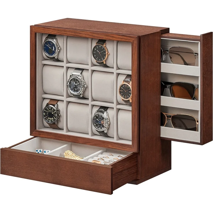 SONGMICS Uhrenbox 12 Fächer, Uhrenkasten mit Fenster, Uhren-Präsentation, Massivholzfurnier, Samtfutter, vertikale Aufbewahrung, platzsparend, Geschenkidee, kaffeebraun JOWDE014K01 – Bild 1