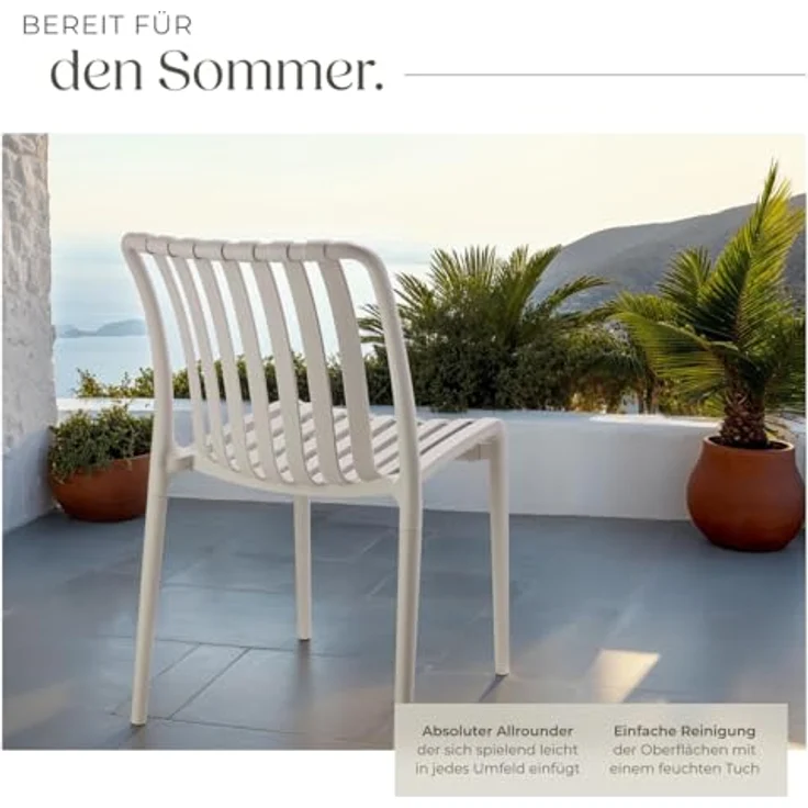 tectake Gartenstuhl Balkonstuhl, stapelbar, Belastbarkeit 110 kg, 47 x 58 x 80,5 cm (Terrassenstuhl Alcudia für Außen in Taupe, 2 St), wetterfest und UV-beständig, pflegeleicht, rutschfeste Gummischoner – Bild 7