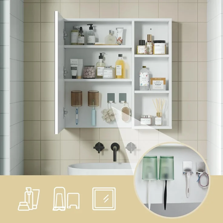 Mondeer Badezimmerspiegelschrank Badezimmerspiegel mit 1 Tür und 4 Haken verstellbare Ablagen, 65 x 15 x 65 cm, Weiß – Bild 4