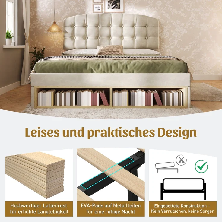 Merax Doppelbett 140x190 cm, Polsterbett mit Lattenrost, Bettgestell mit gebogenem höhenverstellbarem Kopfteil, Bett mit Schubladen und Stauraum, Samt, Beige – Bild 6