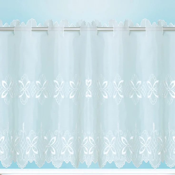 Bistrogardine ( Blumen Ornament ) mit Schlaufenaufhängung ( 45 x 155 cm ), transparente uni Scheibengardine, Vorhang, Kurzgardine, Voile Gardine – Bild 2
