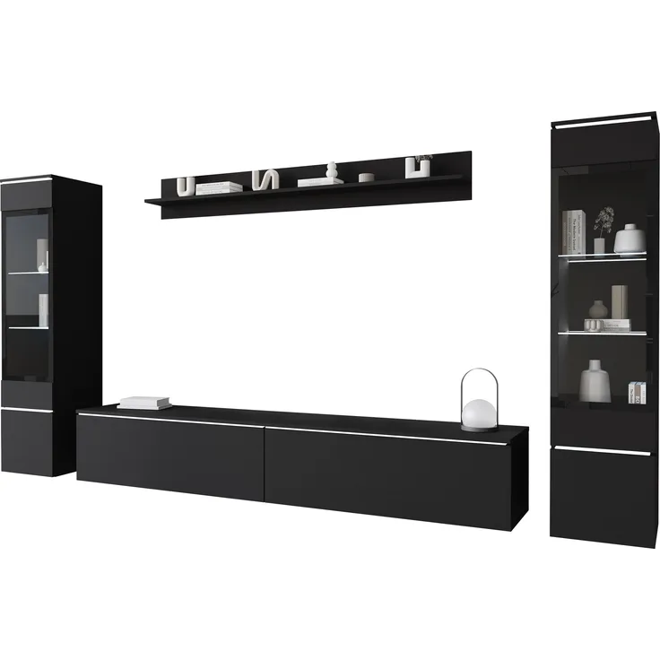 Wohnwand Doppo II, Wandregal, TV-Lowboard, 2x Hängevitrine, LED Beleuchtung (Farbe: Schwarzer Graphit)