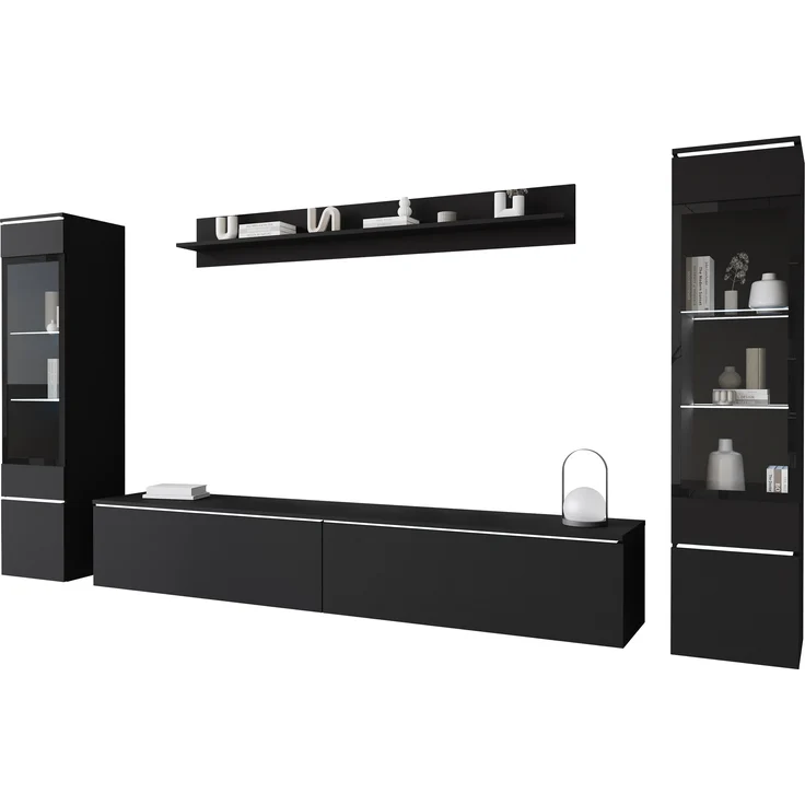 Wohnwand Doppo II, Wandregal, TV-Lowboard, 2x Hängevitrine, LED Beleuchtung (Farbe: Schwarzer Graphit) – Bild 1