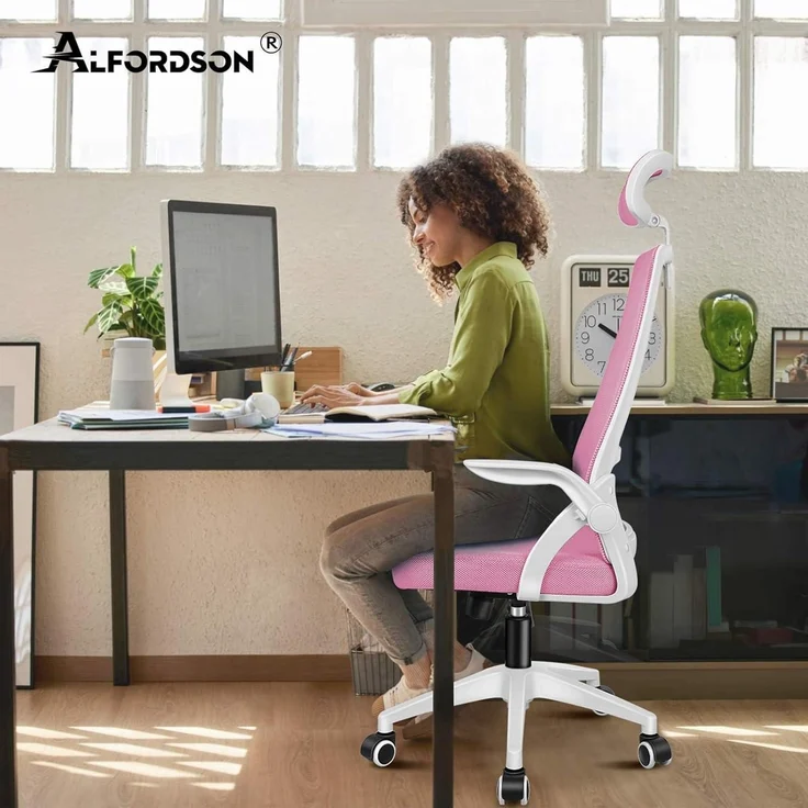 ALFORDSON Bürostuhl Rosa Kopfstütze Lordosenstütze Mesh-Rückenlehne – Bild 8