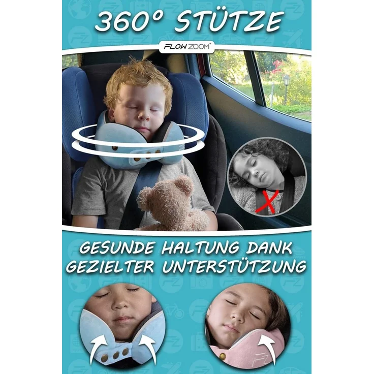 FLOWZOOM Nackenhörnchen COMFY KIDS Nackenkissen Kinder – Reisekissen Memory-Schaum, Kinder-Reisekissen Memory-Foam - Nackenhörnchen Kinder – Bild 2