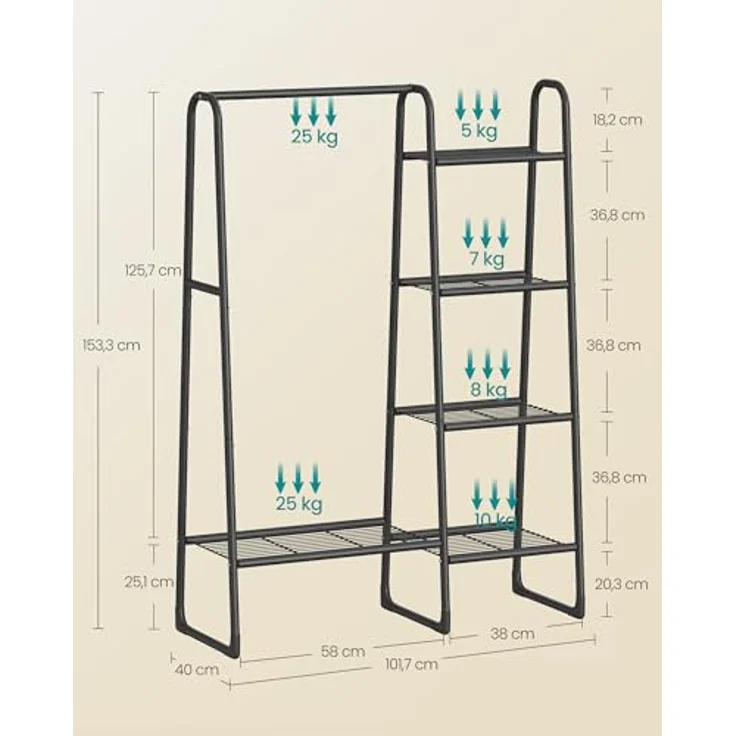 SONGMICS Kleiderständer, Wäscheständer mit 5 Ablagen, Metallrahmen, 40 x 101,7 x 153,3 cm, für Schlafzimmer, Wohnzimmer, Eingangsbereich, tintenschwarz HSR138B01 – Bild 7