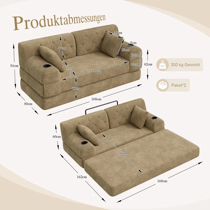 TavilaEcon 2-Sitzer Schlafsofa, komprimiertes Cord Sofa mit hoher Rückenlehne khaki 81 × 80 × 168 cm (H × T × B) – Bild 2