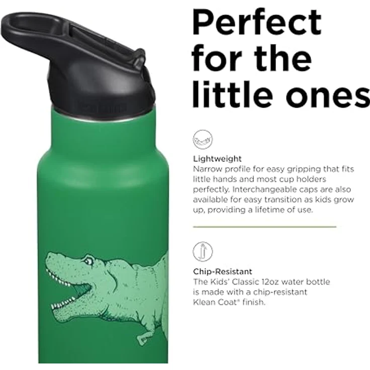 Klean Kanteen Trinkflasche Klean Edelstahl Isolierflasche Kid 355ml Flip Cap Dino Scate green – Bild 4