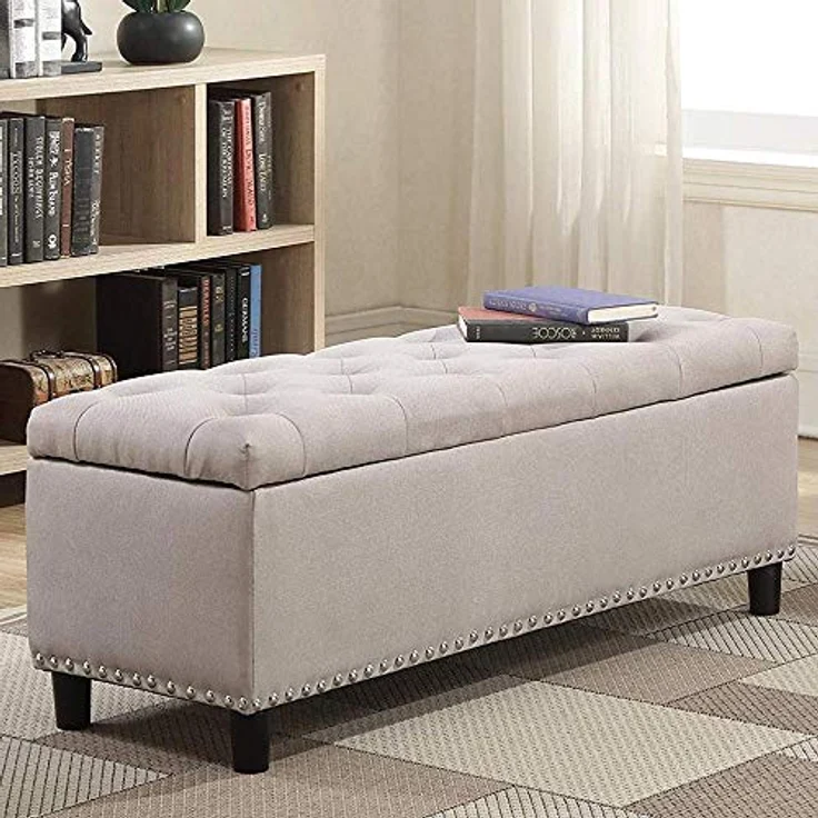 BAKAJI Sitztruhe, Sitzhocker, Fußhocker für Schlafzimmer, Hocker mit Holzrahmen, Bezug aus Stoff, Sitzfläche zum Öffnen, gepolstert, Farbe: Beige, Maße: 121 x 42 x 43 cm – Bild 4