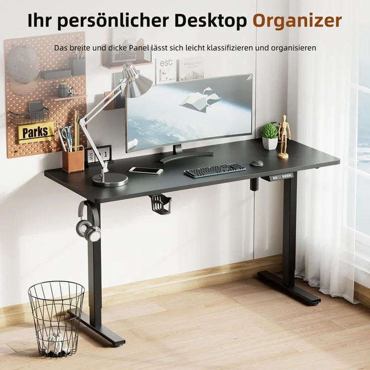 HOMAVO höhenverstellbarer Schreibtisch 70×140 cm, mit Memory- und Anti-Kollisionsfunktion, USB-A- und USB-C-Anschlüssen, Höhe 70–120 cm, Schwarz – Bild 2