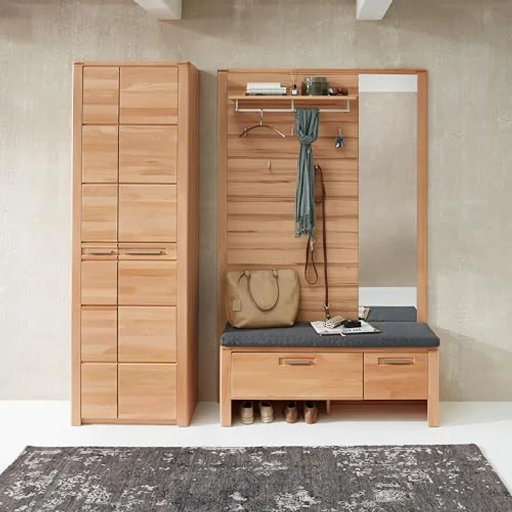 Stella Trading Nature ONE Flurgarderoben Set in Kernbuche Teil-massiv FSC-Zertifiziert - Modernes Garderobenset 3-teilig für Ihren Eingangsbereich - 200 x 201 x 40 cm (B/H/T) – Bild 3