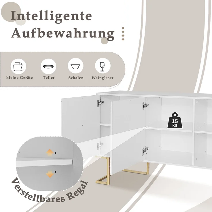 Merax Modernes 3-türiges Sideboard mit verstellbaren Regalen, U-förmigen Schranktüren und Metallgriffen und Sockel für Esszimmer und Küche (Weiß) – Bild 5