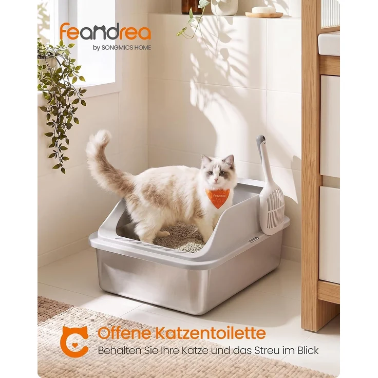 FEANDREA Edelstahl Katzenklo XXL Offen mit Hohem Rand und Spritzschutz 51 x 36 x 26 cm Grau – Bild 3