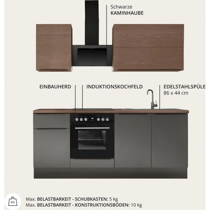KOCHSTATION Küchenzeile Cocco B/H/T 210x211x60 cm, Breite 210 cm, wahlweise mit E-Geräten und Induktion – Bild 3