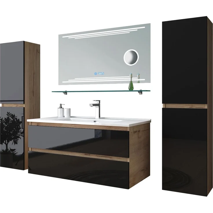 Homeline Badmöbel Set Eiche/Schwarz Kaiser Hochglanz 90cm Spiegel incl LED (90, 7, 3X Seitenschränke) – Bild 2