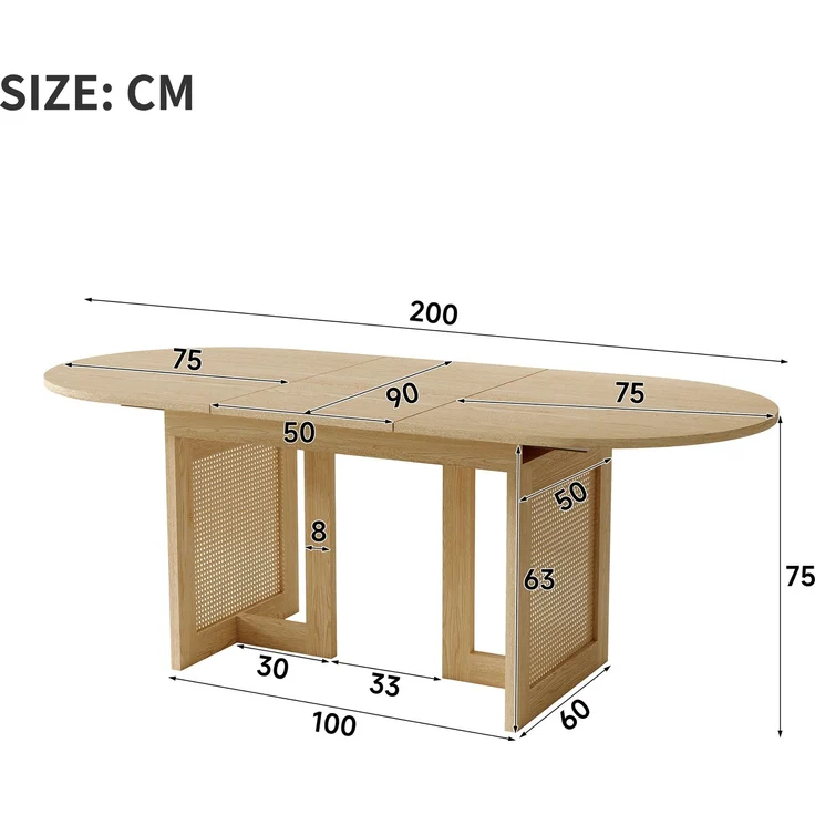 JARDJ Ausziehbarer Esstisch 150/200 * 90 cm, geeignet für 6–8 Personen,Esstisch mit abgerundeten Ecken, verdickte Tischplatte, ausziehbarer Esstisch im einfachen Stil, Tischbeine aus Rattan, Eichenfarbe – Bild 6