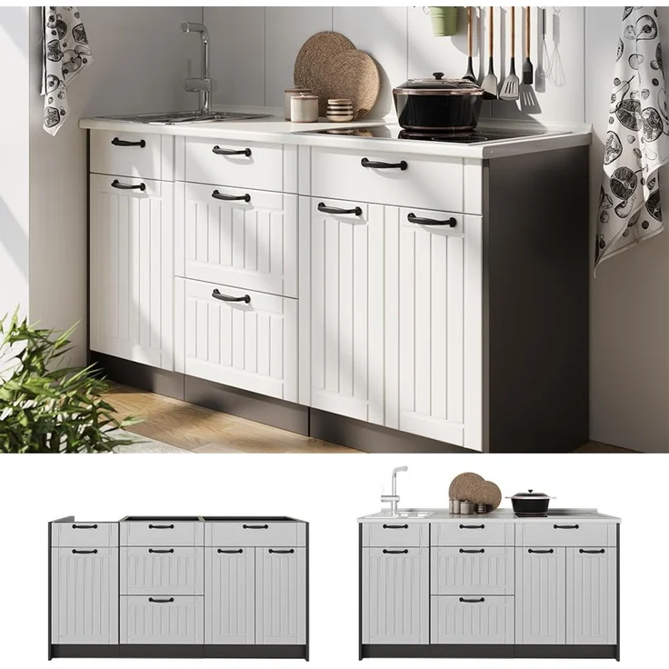 Küchenblock Fame-Line Weiß Landhaus 150 cm, AP Marmor Vicco – Bild 7