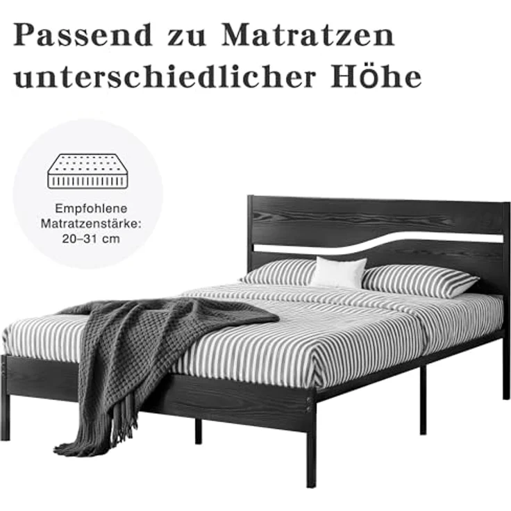 VECELO Bettgestell 140x200 cm, Metallbett mit Doppelschicht Holzkopfteil und Lattenrost, Modern Gästebett Jugendbett mit Stauraum Unter Dem Bett, Perfekt für Schlafzimmer, Schwarz – Bild 6